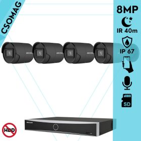   Hikvision 4 cső kamerás IP megfigyelőrendszer 8MP cső biztonsági kamera, AcuSense, 2.8 mm-es fix objektívvel, PoE, IR LED 40m, beépített mikrofonnal, fekete fém ház, kültéri