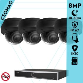   Hikvision 4 dome kamerás IP megfigyelőrendszer 8MP dome biztonsági kamera, AcuSense, 2.8 mm-es fix objektívvel, PoE, P2P, IR LED 30m, fekete fém ház, kültéri, IK10 vandálbiztos
