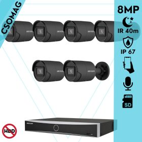   Hikvision 6 cső kamerás IP megfigyelőrendszer 8MP cső biztonsági kamera, AcuSense, 2.8 mm-es fix objektívvel, PoE, IR LED 40m, beépített mikrofonnal, fekete fém ház, kültéri