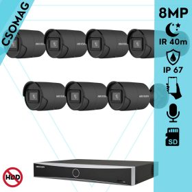   Hikvision 7 cső kamerás IP megfigyelőrendszer 8MP cső biztonsági kamera, AcuSense, 2.8 mm-es fix objektívvel, PoE, IR LED 40m, beépített mikrofonnal, fekete fém ház, kültéri