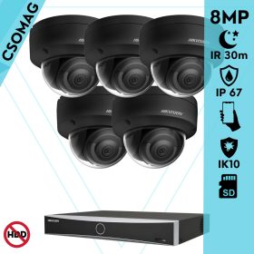   Hikvision 5 dome kamerás IP megfigyelőrendszer 8MP dome biztonsági kamera, AcuSense, 2.8 mm-es fix objektívvel, PoE, P2P, IR LED 30m, fekete fém ház, kültéri, IK10 vandálbiztos