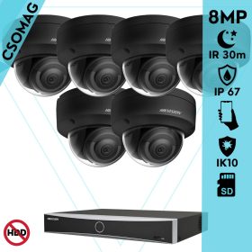   Hikvision 6 dome kamerás IP megfigyelőrendszer 8MP dome biztonsági kamera, AcuSense, 2.8 mm-es fix objektívvel, PoE, P2P, IR LED 30m, fekete fém ház, kültéri, IK10 vandálbiztos
