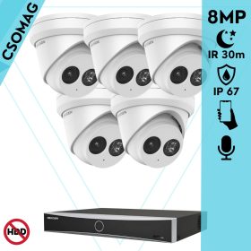   Hikvision 5 turret kamerás IP megfigyelőrendszer 8MP turret biztonsági kamera, 2.8 mm-es fix objektívvel, PoE, IR LED 30m, beépített mikrofonnal, fém ház, kültéri