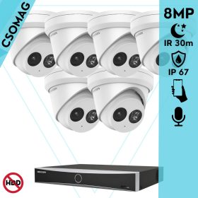   Hikvision 6 turret kamerás IP megfigyelőrendszer 8MP turret biztonsági kamera, 2.8 mm-es fix objektívvel, PoE, IR LED 30m, beépített mikrofonnal, fém ház, kültéri