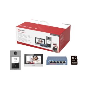   Hikvision DS-KIS604-S(C)(O-STD)/EU Egylakásos IP video kaputelefon szett, beltéri-kültéri egységgel, 4 portos PoE switch-el, 16GB microSD kártyával, 1 db tápegységgel