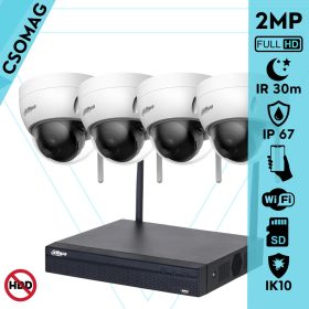   Dahua 4 dóm kamerás WIFI megfigyelőrendszer 2MP dóm biztonsági kamera, 2.8 mm-es fix objektívvel, beépített WiFi antennával, microSD kártyafoglalat, IR LED 30m, IK10 vandálbiztos, kültéri