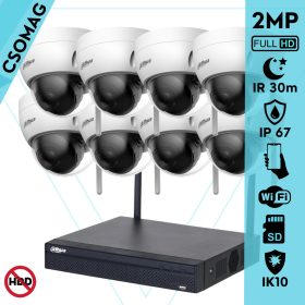   Dahua 8 dóm kamerás WIFI megfigyelőrendszer 2MP dóm biztonsági kamera, 2.8 mm-es fix objektívvel, beépített WiFi antennával, microSD kártyafoglalat, IR LED 30m, IK10 vandálbiztos, kültéri