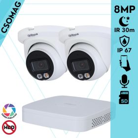   Dahua 2 turret kamerás IP megfigyelőrendszer 8MP turret biztonsági kamera, 2.8 mm-es fix objektívvel, PoE, microSD kártyafoglalat, hibrid megvilágítással, fém ház, kültéri