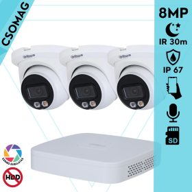  Dahua 3 turret kamerás IP megfigyelőrendszer 8MP turret biztonsági kamera, 2.8 mm-es fix objektívvel, PoE, microSD kártyafoglalat, hibrid megvilágítással, fém ház, kültéri