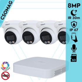   Dahua 4 turret kamerás IP megfigyelőrendszer 8MP turret biztonsági kamera, 2.8 mm-es fix objektívvel, PoE, microSD kártyafoglalat, hibrid megvilágítással, fém ház, kültéri