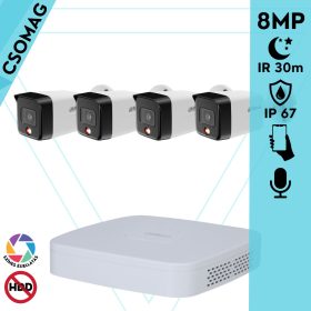   Dahua 4 cső kamerás IP megfigyelőrendszer 8MP cső biztonsági kamera, 2.8 mm-es fix objektívvel, PoE, beépített mikrofonnal, hibrid megvilágítással, fém ház, kültéri
