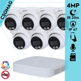   Dahua 7 turret kamerás IP megfigyelőrendszer 4MP turret biztonsági kamera, 2.8 mm-es fix objektívvel, PoE, beépített mikrofonnal, hibrid megvilágítással, fém ház, kültéri