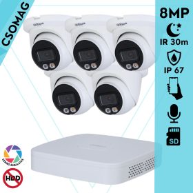   Dahua 5 turret kamerás IP megfigyelőrendszer 8MP turret biztonsági kamera, 2.8 mm-es fix objektívvel, PoE, microSD kártyafoglalat, hibrid megvilágítással, fém ház, kültéri