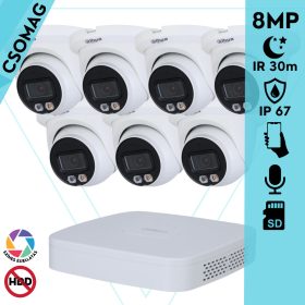   Dahua 7 turret kamerás IP megfigyelőrendszer 8MP turret biztonsági kamera, 2.8 mm-es fix objektívvel, PoE, microSD kártyafoglalat, hibrid megvilágítással, fém ház, kültéri