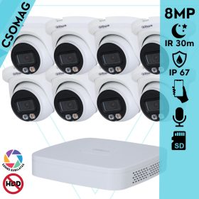   Dahua 8 turret kamerás IP megfigyelőrendszer 8MP turret biztonsági kamera, 2.8 mm-es fix objektívvel, PoE, microSD kártyafoglalat, hibrid megvilágítással, fém ház, kültéri