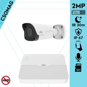   Uniview 1 cső kamerás IP megfigyelőrendszer 2MP biztonsági kamera, 2.8 mm-es fix objektív, SD kártya foglalattal, PoE, beépített mikrofonnal, IR 30, kültéri