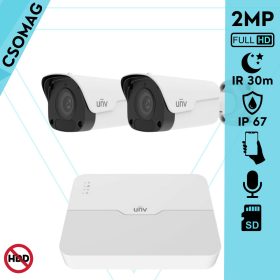   Uniview 2 cső kamerás IP megfigyelőrendszer 2MP biztonsági kamera, 2.8 mm-es fix objektív, SD kártya foglalattal, PoE, beépített mikrofonnal, IR 30, kültéri