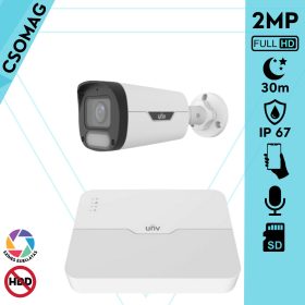   Uniview 1 cső kamerás IP megfigyelőrendszer 2MP HD biztonsági kamera, 2.8 mm-es fix objektívvel, SD kártya foglalattal, PoE, beépített mikrofonnal, fehér fénnyel, kültéri