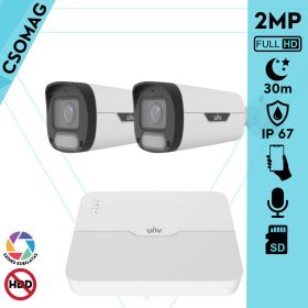   Uniview 2 cső kamerás IP megfigyelőrendszer 2MP HD biztonsági kamera, 2.8 mm-es fix objektívvel, SD kártya foglalattal, PoE, beépített mikrofonnal, fehér fénnyel, kültéri