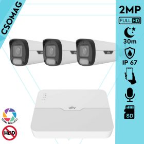   Uniview 3 cső kamerás IP megfigyelőrendszer 2MP HD biztonsági kamera, 2.8 mm-es fix objektívvel, SD kártya foglalattal, PoE, beépített mikrofonnal, fehér fénnyel, kültéri