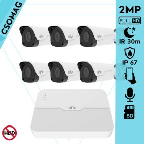   Uniview 6 cső kamerás IP megfigyelőrendszer 2MP biztonsági kamera, 2.8 mm-es fix objektív, SD kártya foglalattal, PoE, beépített mikrofonnal, IR 30, kültéri