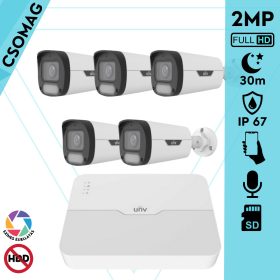  Uniview 5 cső kamerás IP megfigyelőrendszer 2MP HD biztonsági kamera, 2.8 mm-es fix objektívvel, SD kártya foglalattal, PoE, beépített mikrofonnal, fehér fénnyel, kültéri