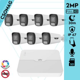   Uniview 7 cső kamerás IP megfigyelőrendszer 2MP HD biztonsági kamera, 2.8 mm-es fix objektívvel, SD kártya foglalattal, PoE, beépített mikrofonnal, fehér fénnyel, kültéri