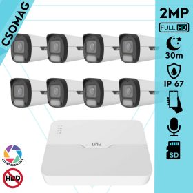  Uniview 8 cső kamerás IP megfigyelőrendszer 2MP HD biztonsági kamera, 2.8 mm-es fix objektívvel, SD kártya foglalattal, PoE, beépített mikrofonnal, fehér fénnyel, kültéri