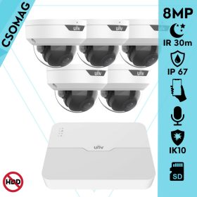   Uniview 5 dome kamerás IP megfigyelőrendszer 8MP biztonsági kamera, 2.8 mm-es fix objektívvel, SD kártya foglalattal, PoE, beépített mikrofonnal, IR LED 30m, IK10 vandálbiztos, kültéri