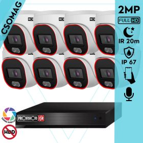   Provision 8 dome kamerás IP megfigyelőrendszer 2MP HD dome biztonsági kamera, 2.8 mm-es fix objektívvel, hibrid világítással, PoE, beépített mikrofonnal, IR 20m, kültéri