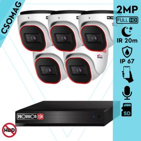   Provision 5 dome kamerás IP megfigyelőrendszer 2MP HD dome biztonsági kamera, 2.8 mm-es fix objektívvel, PoE, beépített mikrofonnal, IR LED 20m, kültéri, fém ház