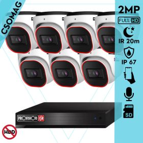   Provision 7 dome kamerás IP megfigyelőrendszer 2MP HD dome biztonsági kamera, 2.8 mm-es fix objektívvel, PoE, beépített mikrofonnal, IR LED 20m, kültéri, fém ház