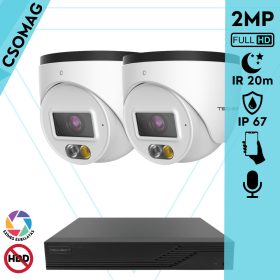   Techson 2 turret kamerás IP megfigyelőrendszer 2MP HD turret biztonsági kamera, 2.8 mm-es fix objektívvel, PoE, beépített mikrofonnal, hibrid fényű megvilágítás, kültéri, fém ház