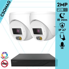   Techson 2 turret kamerás IP megfigyelőrendszer 2MP turret biztonsági kamera, 2.8 mm-es fix objektív, PoE, beépített mikrofonnal, hibrid világítással 20m-ig, kültéri