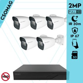   Techson 5 cső kamerás IP megfigyelőrendszer 2MP cső biztonsági kamera, 2.8 mm-es fix objektívvel, SD kártya foglalattal, PoE, IR LED 30m, kültéri, fém ház