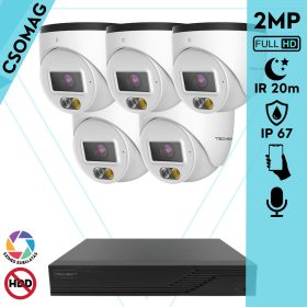   Techson 5 turret kamerás IP megfigyelőrendszer 2MP HD turret biztonsági kamera, 2.8 mm-es fix objektívvel, PoE, beépített mikrofonnal, hibrid fényű megvilágítás, kültéri, fém ház