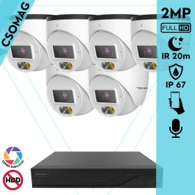   Techson 6 turret kamerás IP megfigyelőrendszer 2MP HD turret biztonsági kamera, 2.8 mm-es fix objektívvel, PoE, beépített mikrofonnal, hibrid fényű megvilágítás, kültéri, fém ház