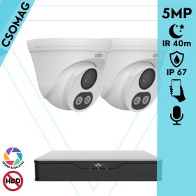   Uniview 2 turret kamerás analóg megfigyelőrendszer 5MP HD biztonsági kamera, 2.8 mm fix objektív, ColorHunter technológia, Dual light megvilágítással