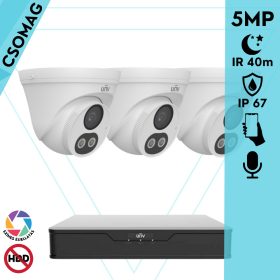   Uniview 3 turret kamerás analóg megfigyelőrendszer 5MP HD biztonsági kamera, 2.8 mm fix objektív, ColorHunter technológia, Dual light megvilágítással