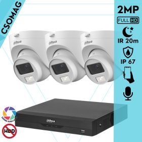   Dahua 3 dome kamerás analóg megfigyelőrendszer 2MP HD dóm biztonsági kamera, 3,6 mm fix objektív, hibrid fény, beépített mikrofon